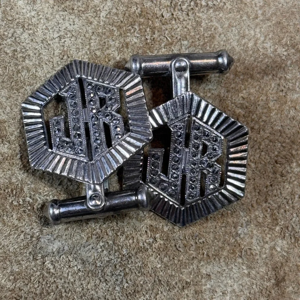 Vintage Sterling Silver Cufflinks Mens OS Rhinestones JR Monogram 60s